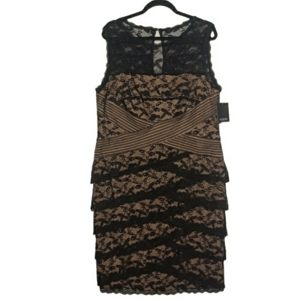 MARINA Floral Black Lace Nude Tan Lined Sleeveless Cocktail Dress 14W NWT